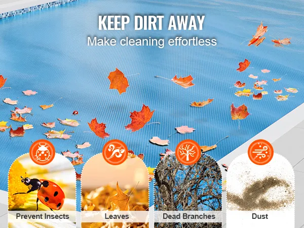VEVOR solar pool cover keeps out insects, leaves, dead branches, and dust. make cleaning effortless.