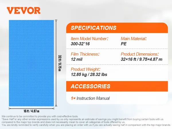 VEVOR solar pool cover, 32x16 ft, 12 mil thickness, pe material, with an instruction manual included.