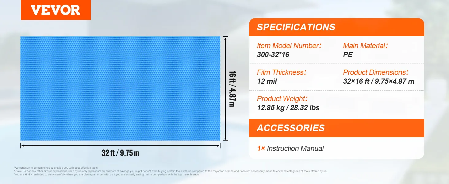 VEVOR solar pool cover, 32x16 ft, 12 mil thickness, pe material, with an instruction manual included.