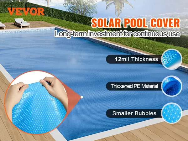 VEVOR solar pool cover over a backyard pool, highlighting 12mil thickness, thickened pe material, and smaller bubbles.