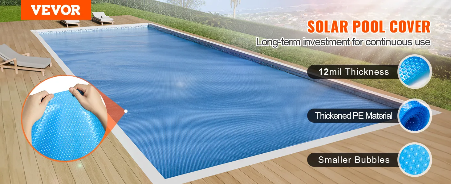 VEVOR solar pool cover over a backyard pool, highlighting 12mil thickness, thickened pe material, and smaller bubbles.