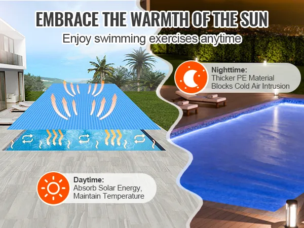 VEVOR solar pool cover maintaining temperature during the day and blocking cold air at night.