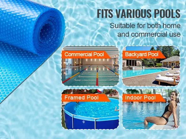 VEVOR solar pool cover fits various pools, including commercial, backyard, framed, and indoor pools.
