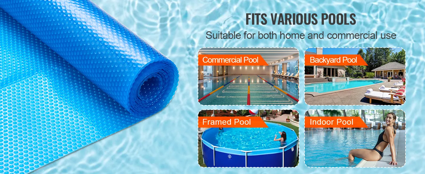 VEVOR solar pool cover fits various pools, including commercial, backyard, framed, and indoor pools.