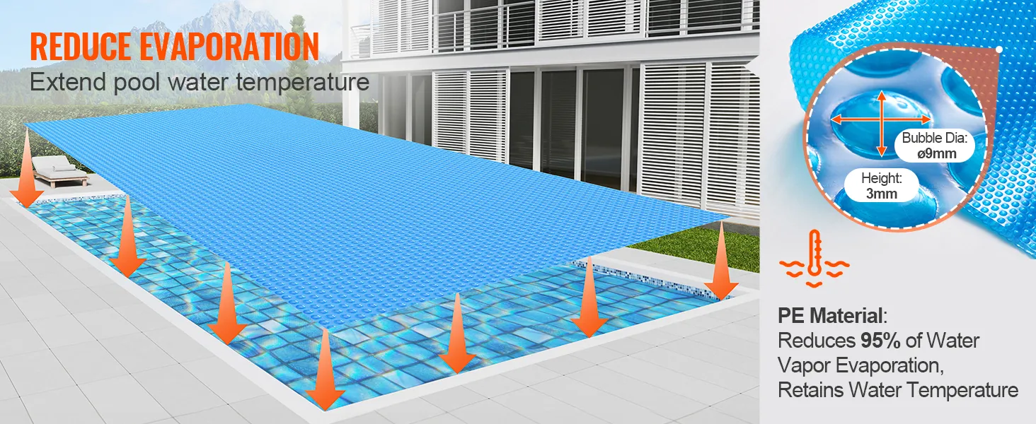 VEVOR solar pool cover on a pool, reduces evaporation, retains water temperature, pe material details.
