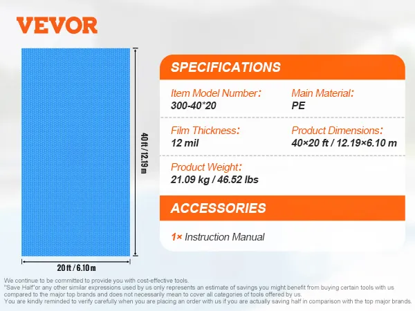 VEVOR zonne-afdekking voor zwembaden, formaat 40x20 ft, dikte 12 mil, PE-materiaal, gewicht 21,09 kg.