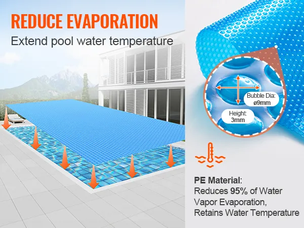 VEVOR zonne-zwembadafdekking vermindert verdamping en verhoogt de zwembadtemperatuur. PE-materiaal, 95% reductie van waterdamp.