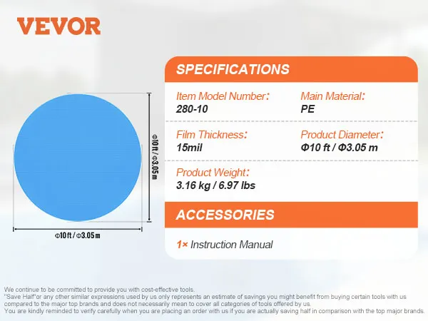 VEVOR solar pool cover, 10 ft diameter, 15mil thickness, model 280-10, pe material, 3.16 kg weight.