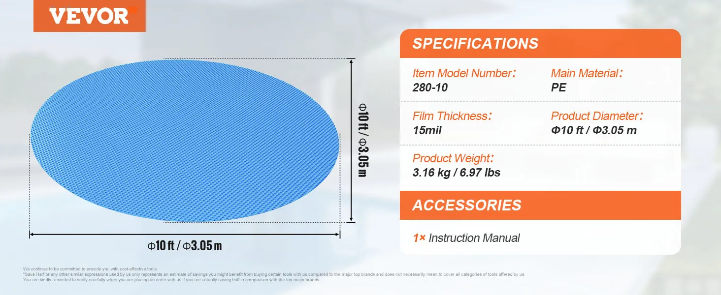 VEVOR solar pool cover, 10 ft diameter, 15mil thickness, model 280-10, pe material, 3.16 kg weight.