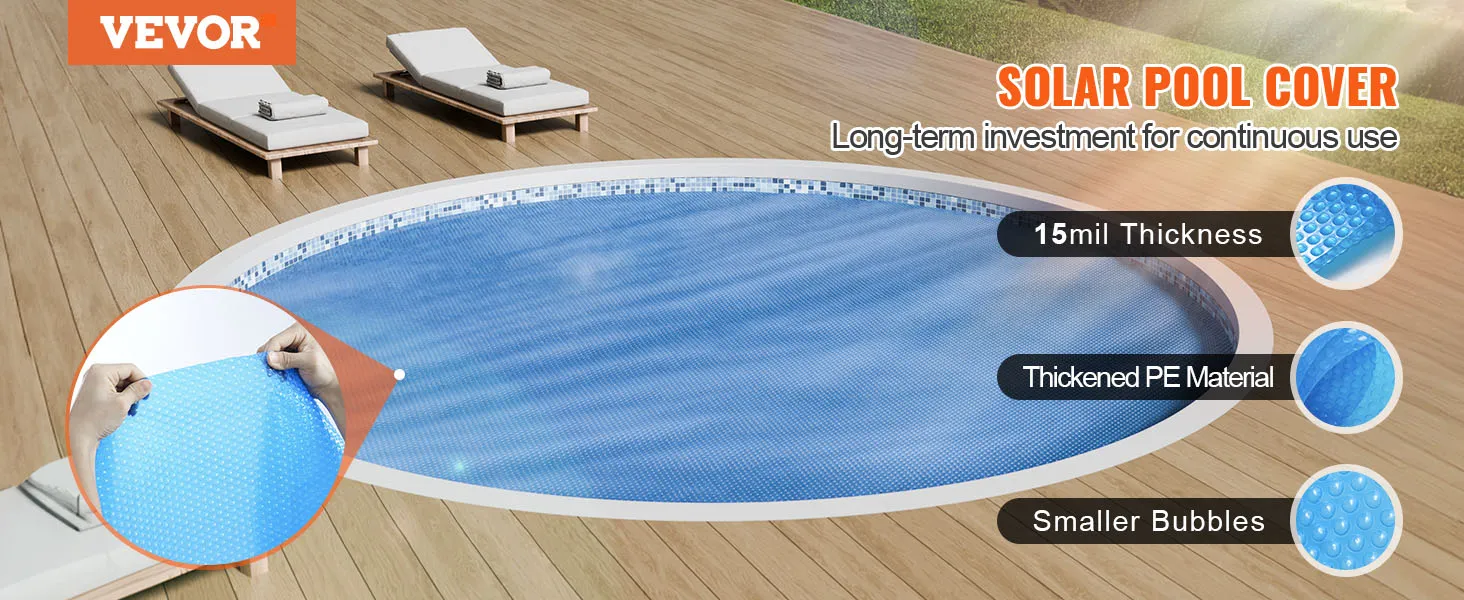 VEVOR solar pool cover on a circular pool, highlighting 15mil thickness, thickened pe material, and smaller bubbles.