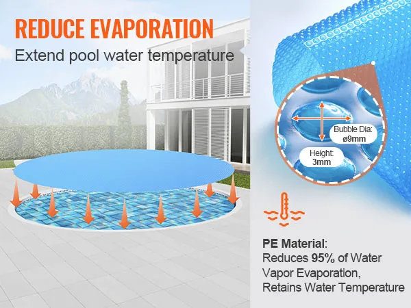 VEVOR solar pool cover reducing evaporation and extending pool water temperature with pe material.