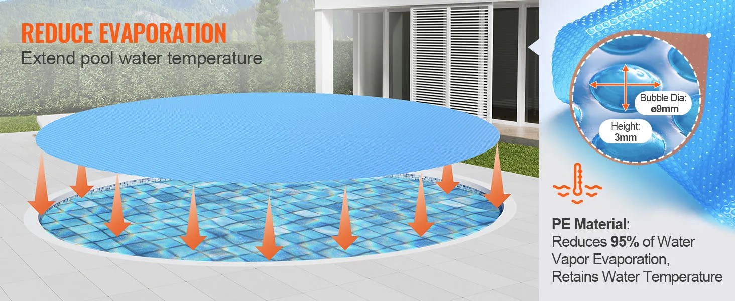 VEVOR solar pool cover reducing evaporation and extending pool water temperature with pe material.
