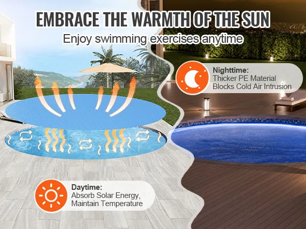 VEVOR solar pool cover: absorbs solar energy by day, blocks cold air by night, for all-weather swimming.