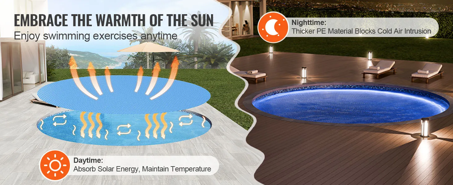 VEVOR solar pool cover: absorbs solar energy by day, blocks cold air by night, for all-weather swimming.