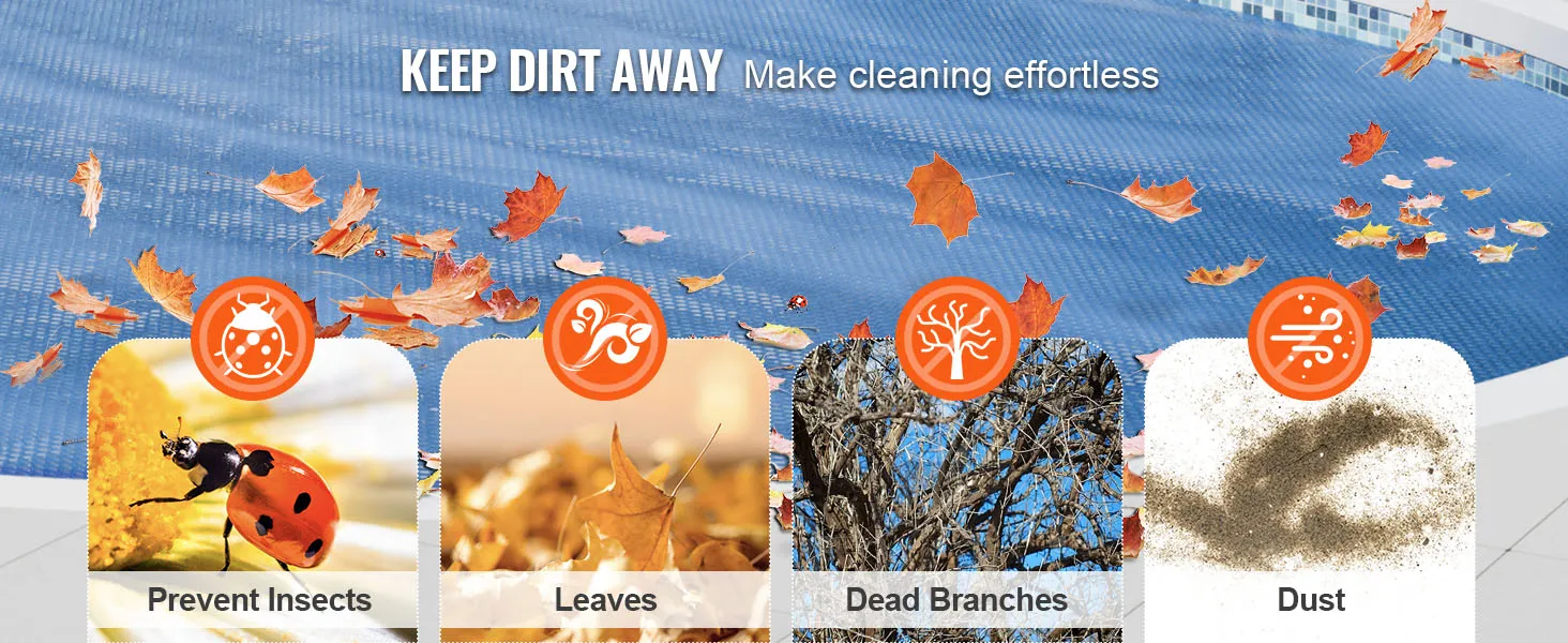 VEVOR solar pool cover keeps insects, leaves, dead branches, and dust out of the pool effortlessly.