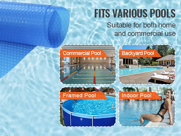 VEVOR solar pool cover for commercial, backyard, framed, and indoor pools, suitable for home and commercial use.