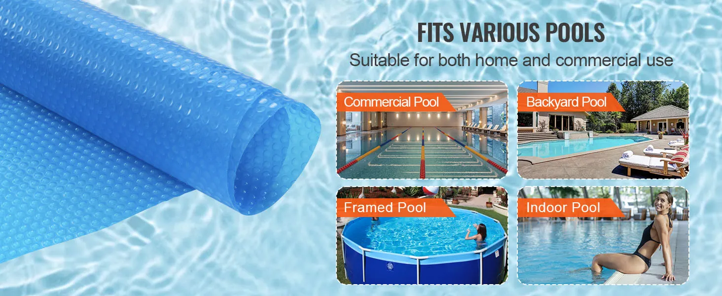 VEVOR solar pool cover for commercial, backyard, framed, and indoor pools, suitable for home and commercial use.