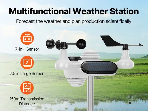VEVOR draadloos weerstation met 7-in-1 sensor, 150 m transmissiebereik en 7,5 inch scherm.