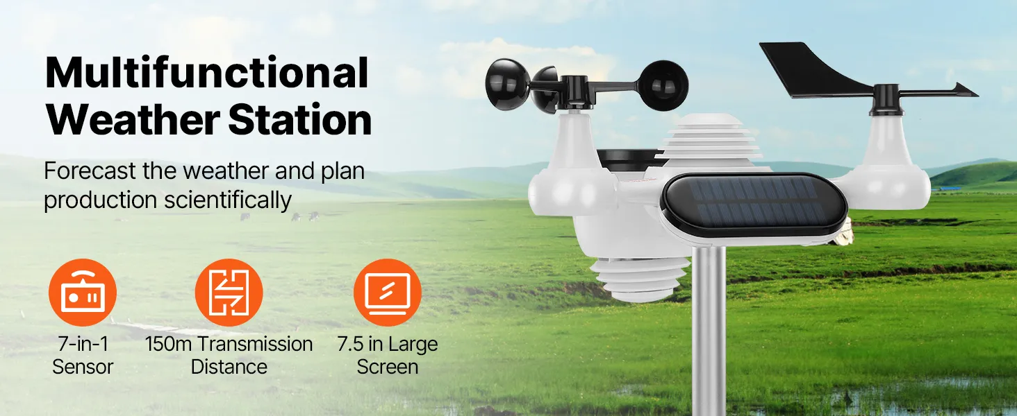 VEVOR draadloos weerstation met 7-in-1 sensor, 150 m transmissiebereik en 7,5 inch scherm.