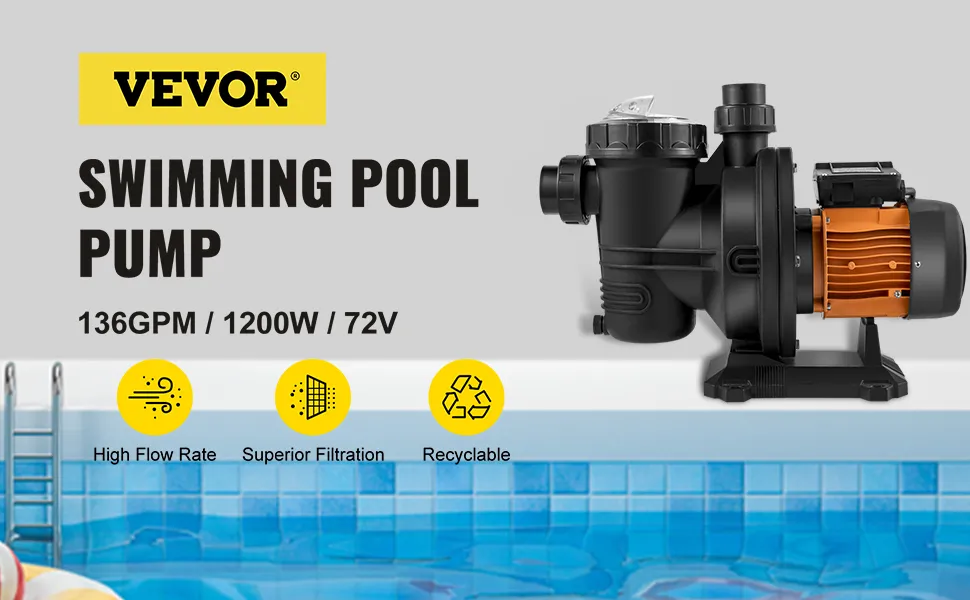 Bomba de piscina VEVOR junto a una piscina con alto caudal, filtración superior, reciclable.