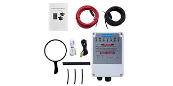 Configuración de bomba de piscina VEVOR con caja de control, cables, manual y accesorios.