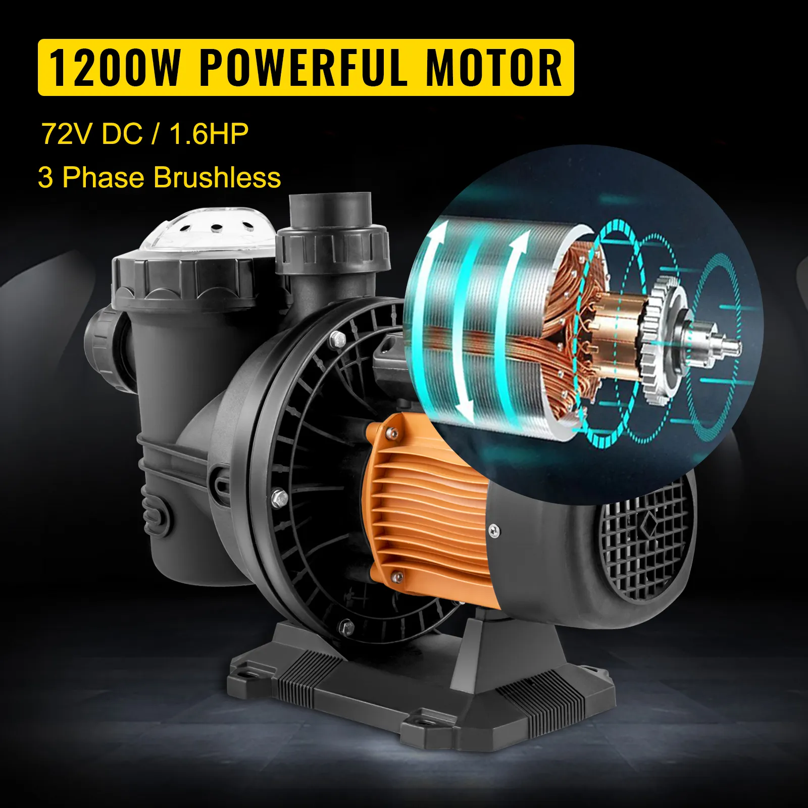 Bomba de piscina VEVOR con potente motor de 1200 W y diseño trifásico sin escobillas de 1,6 HP.