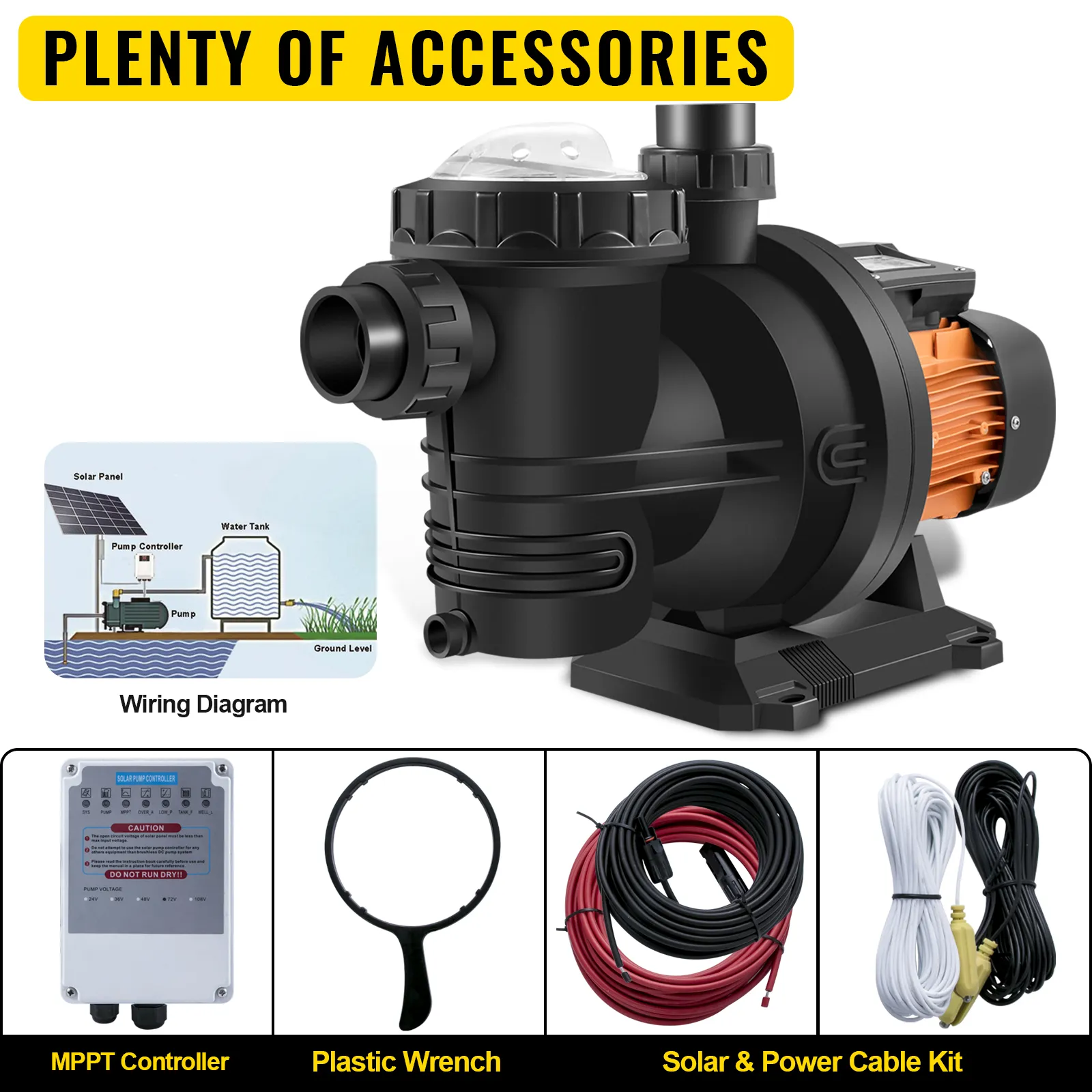 Bomba de piscina VEVOR con diagrama de cableado, controlador mppt, llave de plástico y cables.