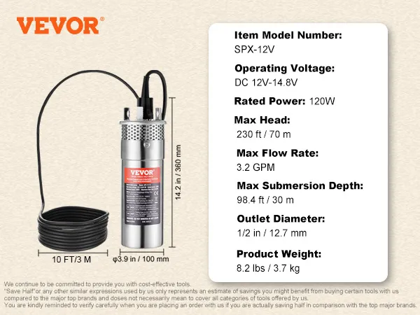 VEVOR solar water pump specifications including max flow rate of 3.2 gpm and a max head of 230 ft.