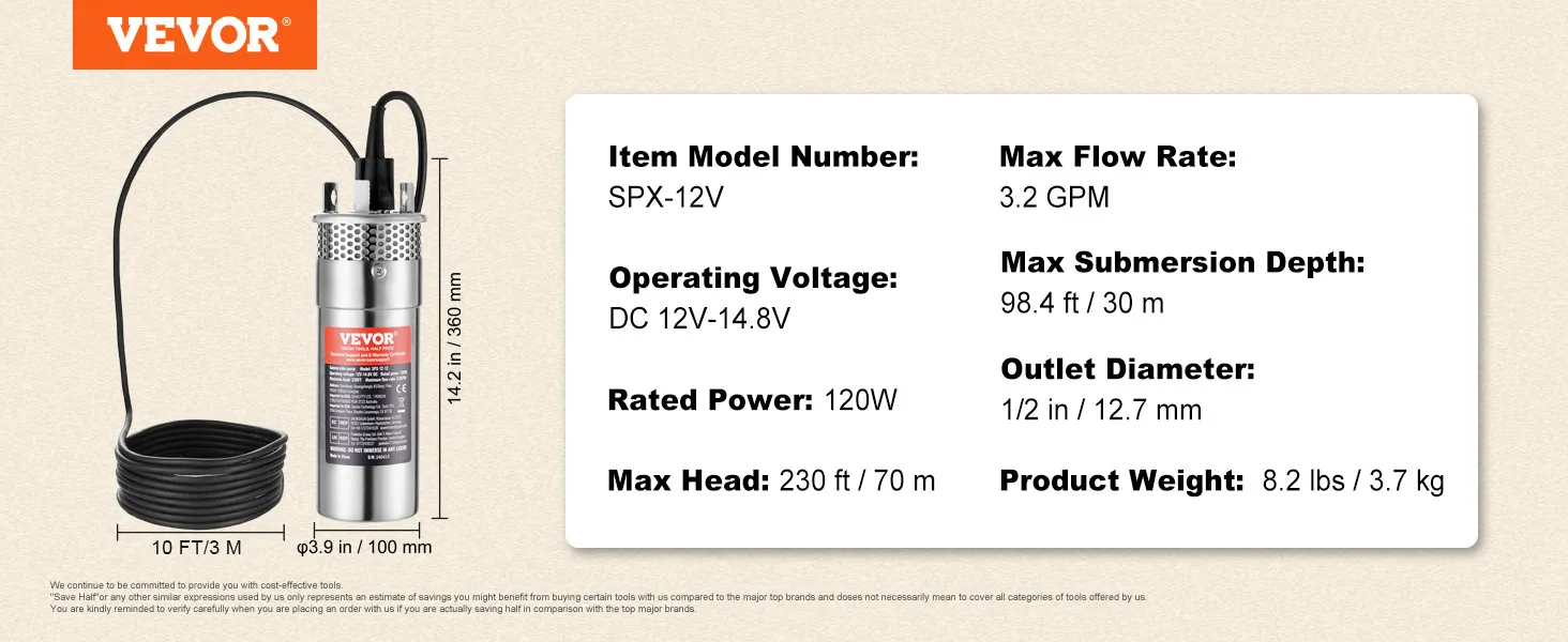 VEVOR solar water pump specifications including max flow rate of 3.2 gpm and a max head of 230 ft.