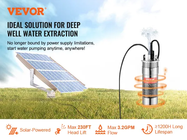 VEVOR solar water pump for deep well extraction with max 230ft head lift and 3.2gpm flow.