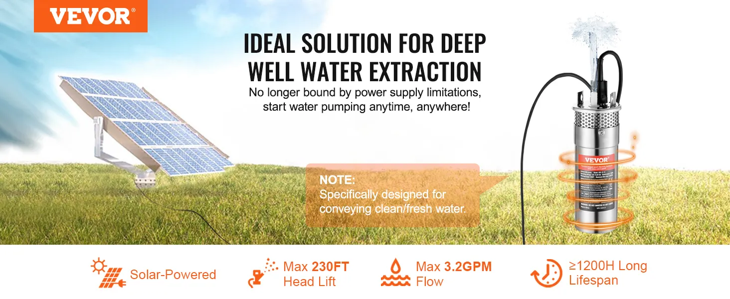 VEVOR solar water pump for deep well extraction with max 230ft head lift and 3.2gpm flow.