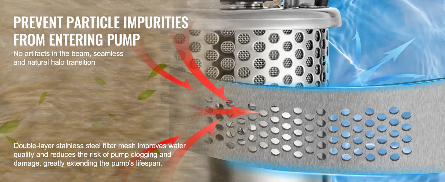double-layer stainless steel filter mesh prevents particle impurities in VEVOR solar water pump.