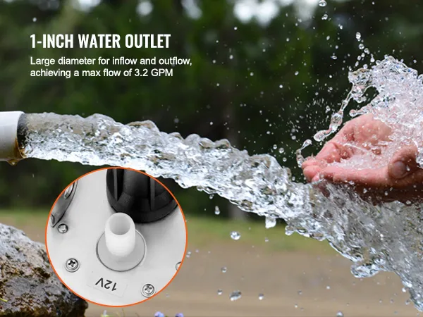 hands catching water from 1-inch outlet of VEVOR solar water pump achieving max flow of 3.2 gpm.