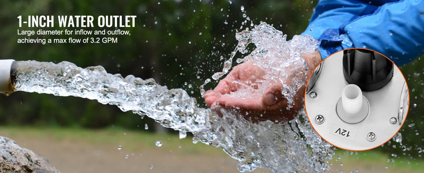 hands catching water from 1-inch outlet of VEVOR solar water pump achieving max flow of 3.2 gpm.