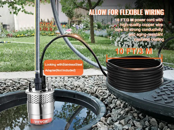 VEVOR solar water pump with 33 ft/10 m cord, copper wire core, and garden in the background.