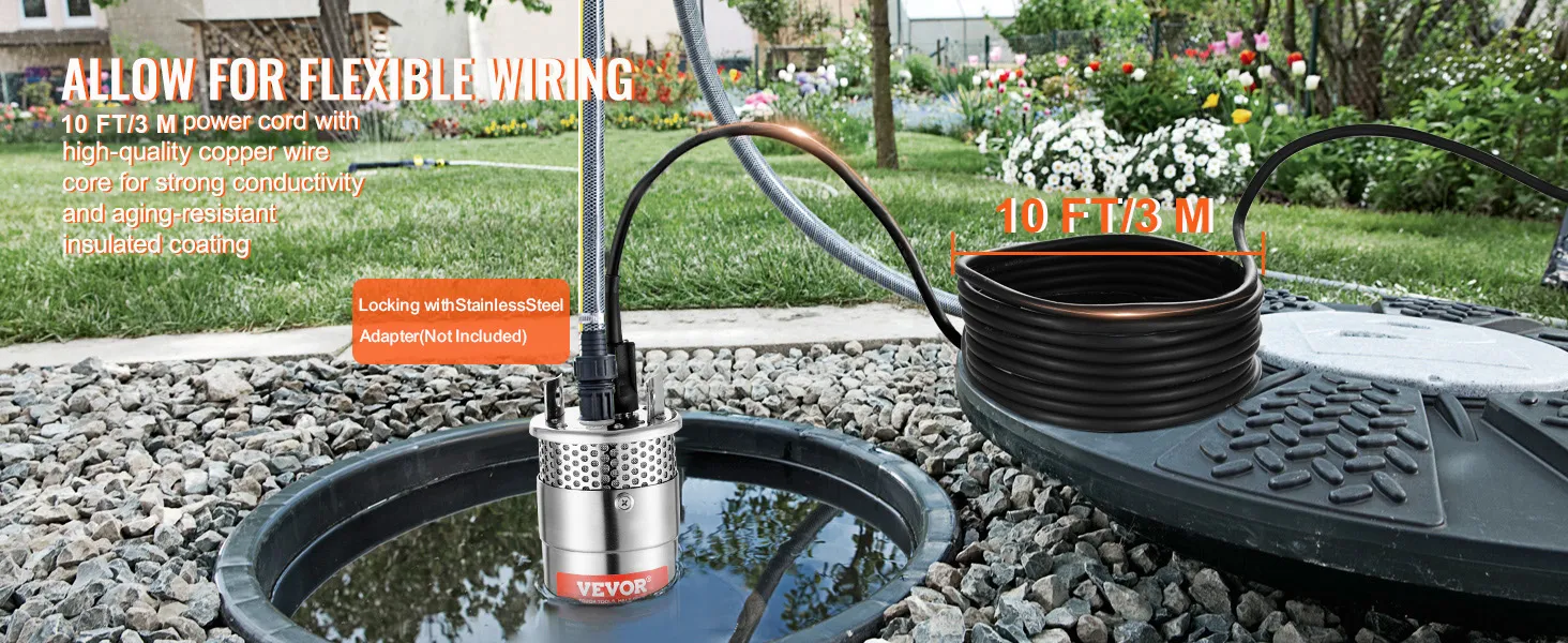 VEVOR solar water pump with 33 ft/10 m cord, copper wire core, and garden in the background.