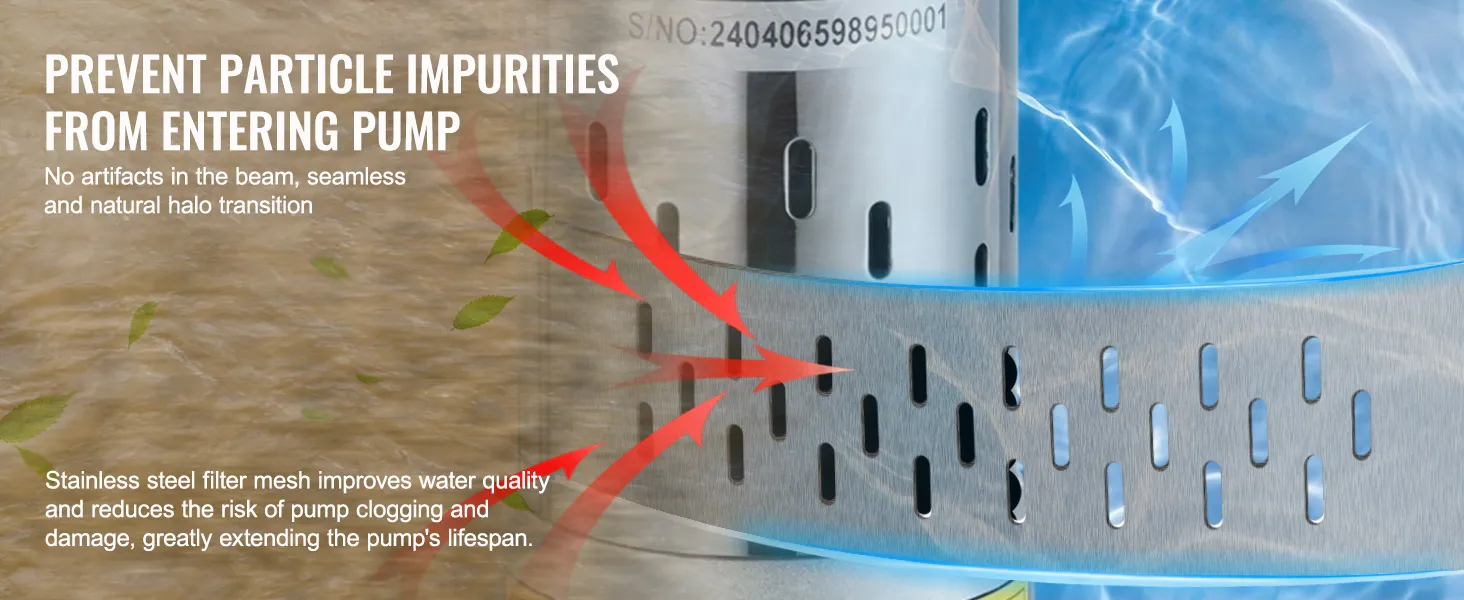 double-layer stainless steel filter mesh on VEVOR solar water pump prevents particles from entering.