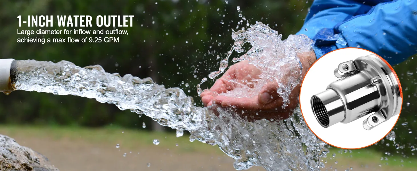 VEVOR solar water pump with 1-inch water outlet and max flow of 9.25 gpm, water flowing into hands.