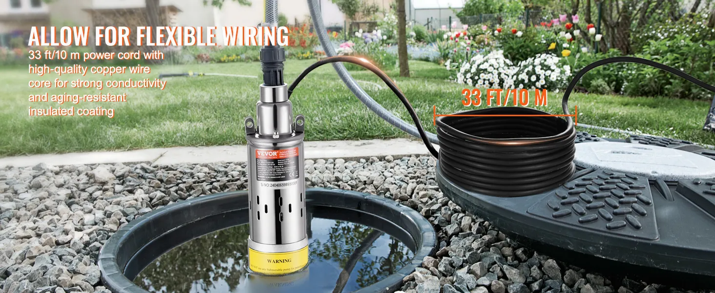 VEVOR solar water pump with 33 ft power cord in a garden setting near a small pond.