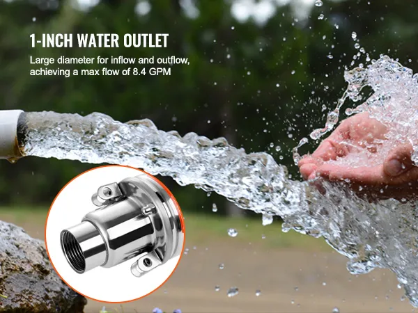 Wateruitlaat van 1 inch met een maximale doorstroming van 8,4 gpm van de VEVOR-zonnepomp, water dat op uw handen spat.