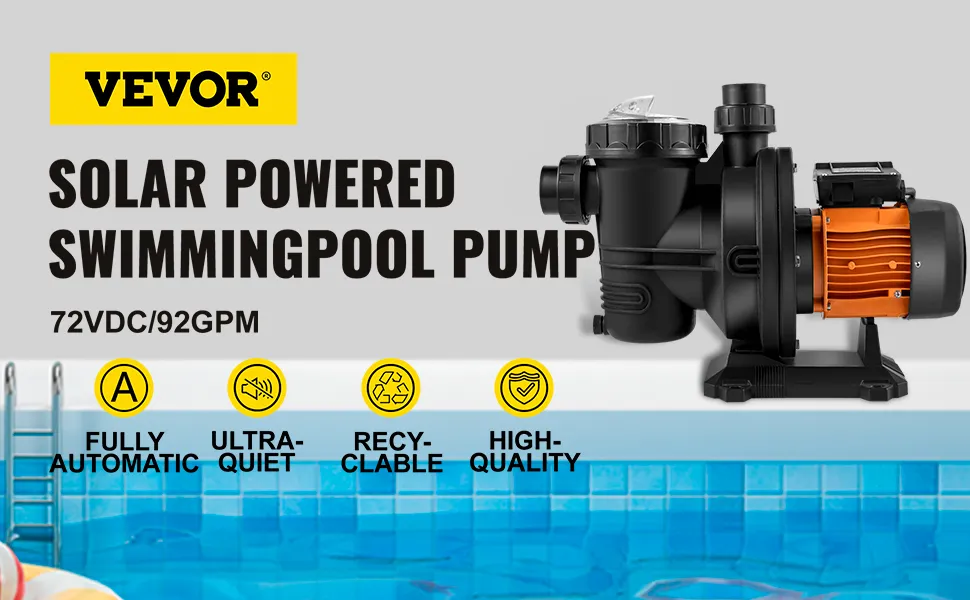 VEVOR solar pool pump by a swimming pool; fully automatic, ultra-quiet, recyclable, high-quality.