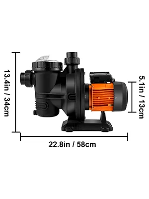VEVOR solar pool pump, dimensions labeled: 13.4in x 22.8in x 5.1in.