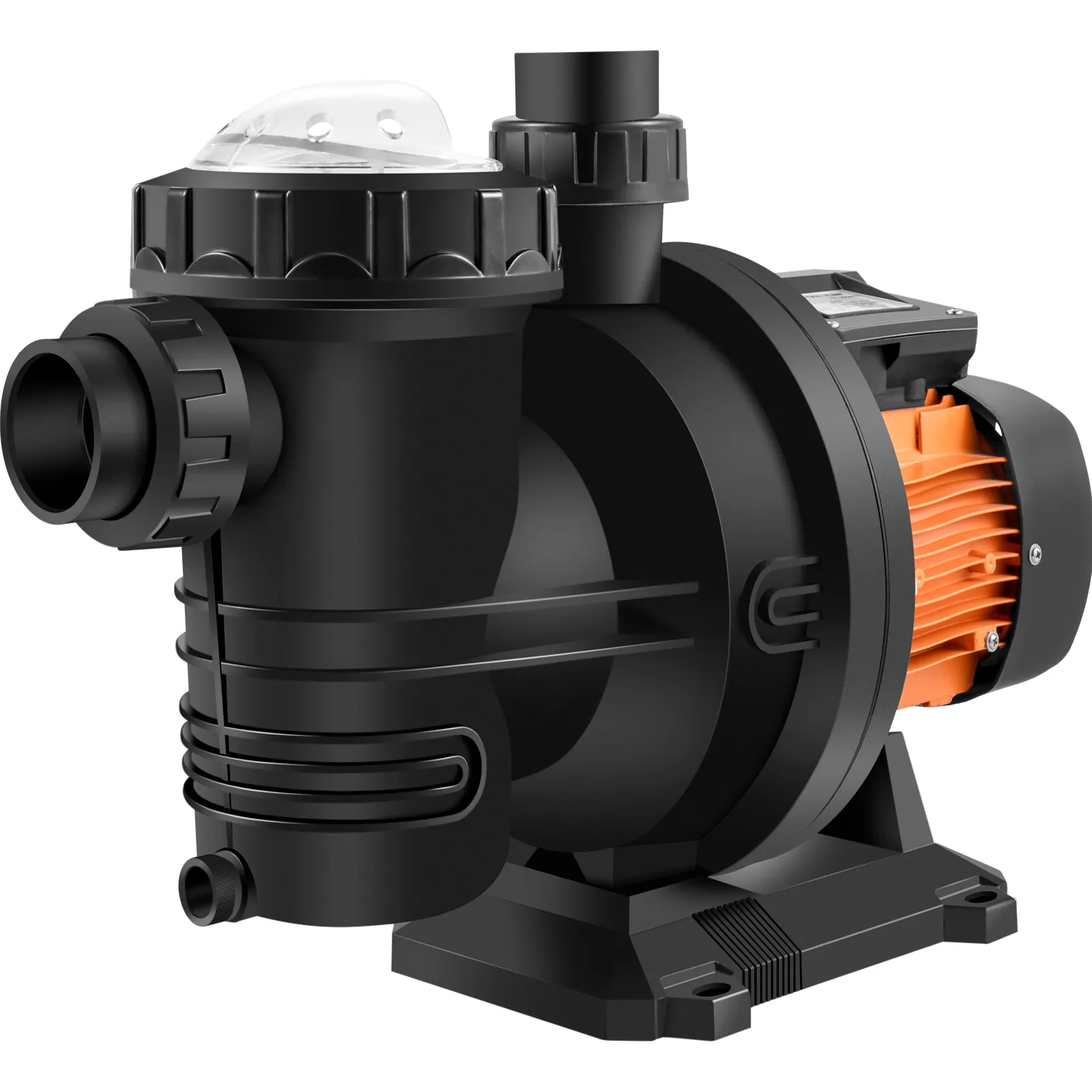 black VEVOR solar pool pump with orange motor, sturdy base, and multiple connection points.