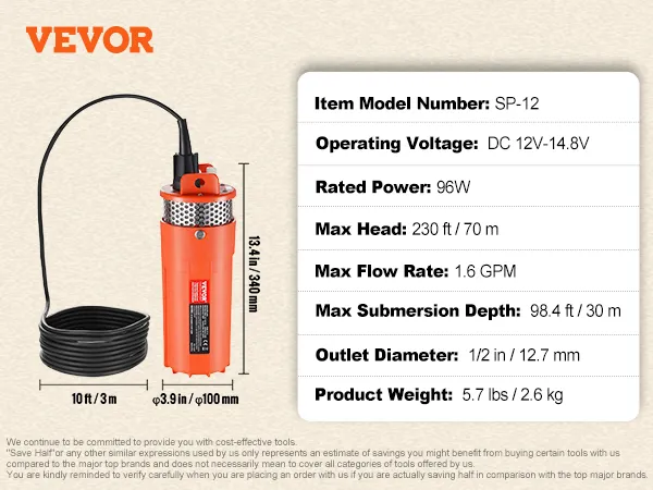 VEVOR solar water pump, model sp-12, 96w, 1.6 gpm, submersion 98.4 ft, 230 ft max head, 5.7 lbs.