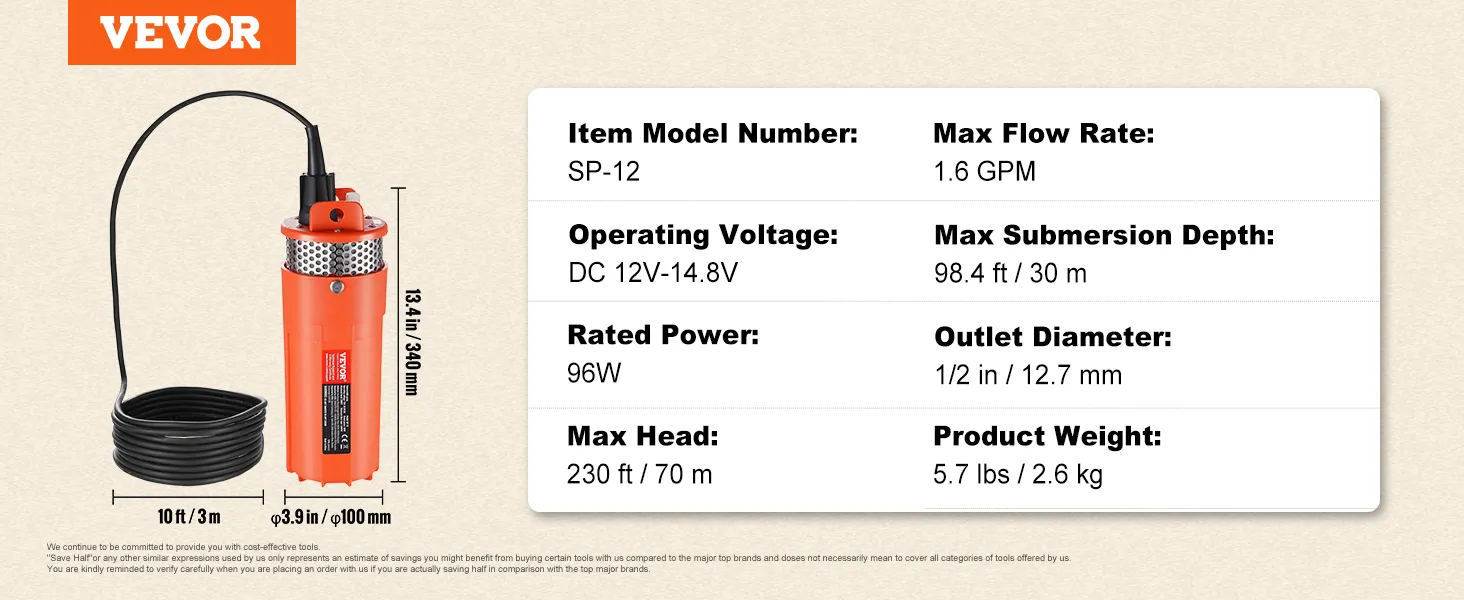 VEVOR solar water pump, model sp-12, 96w, 1.6 gpm, submersion 98.4 ft, 230 ft max head, 5.7 lbs.