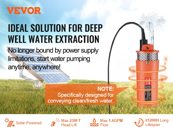 VEVOR solar water pump ideal for deep well water extraction, solar-powered, 230ft lift, 1.6gpm flow.