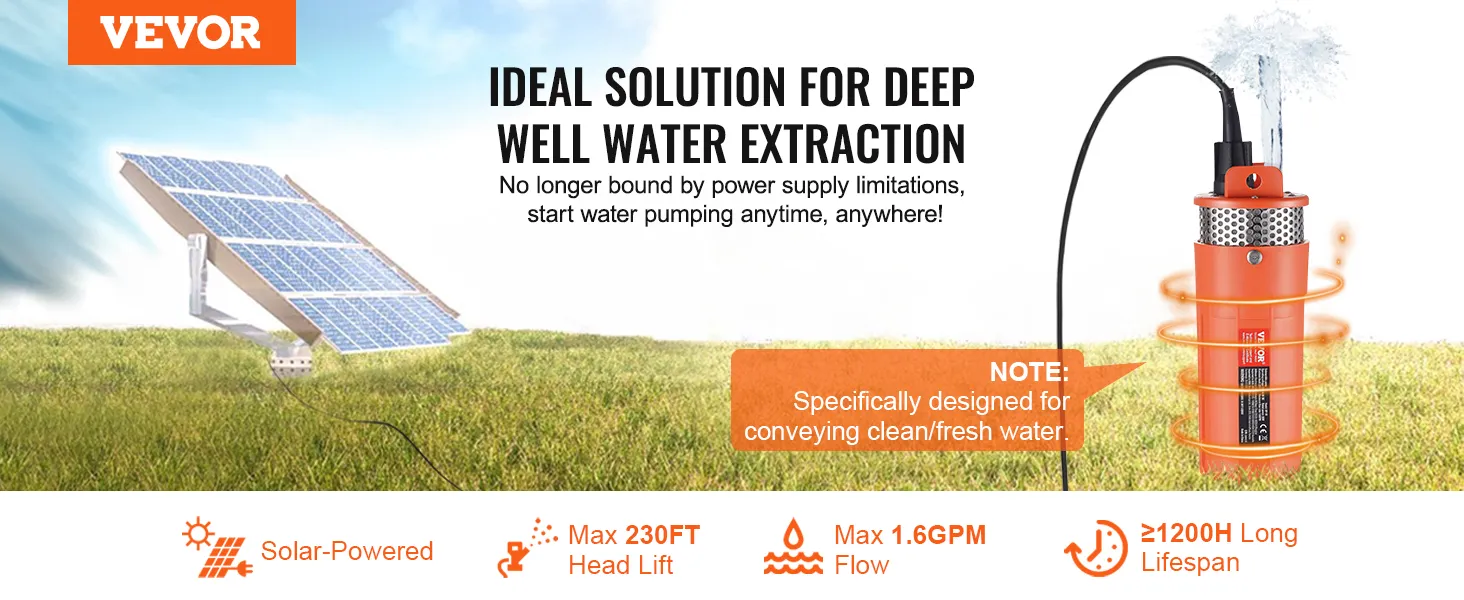 VEVOR solar water pump ideal for deep well water extraction, solar-powered, 230ft lift, 1.6gpm flow.