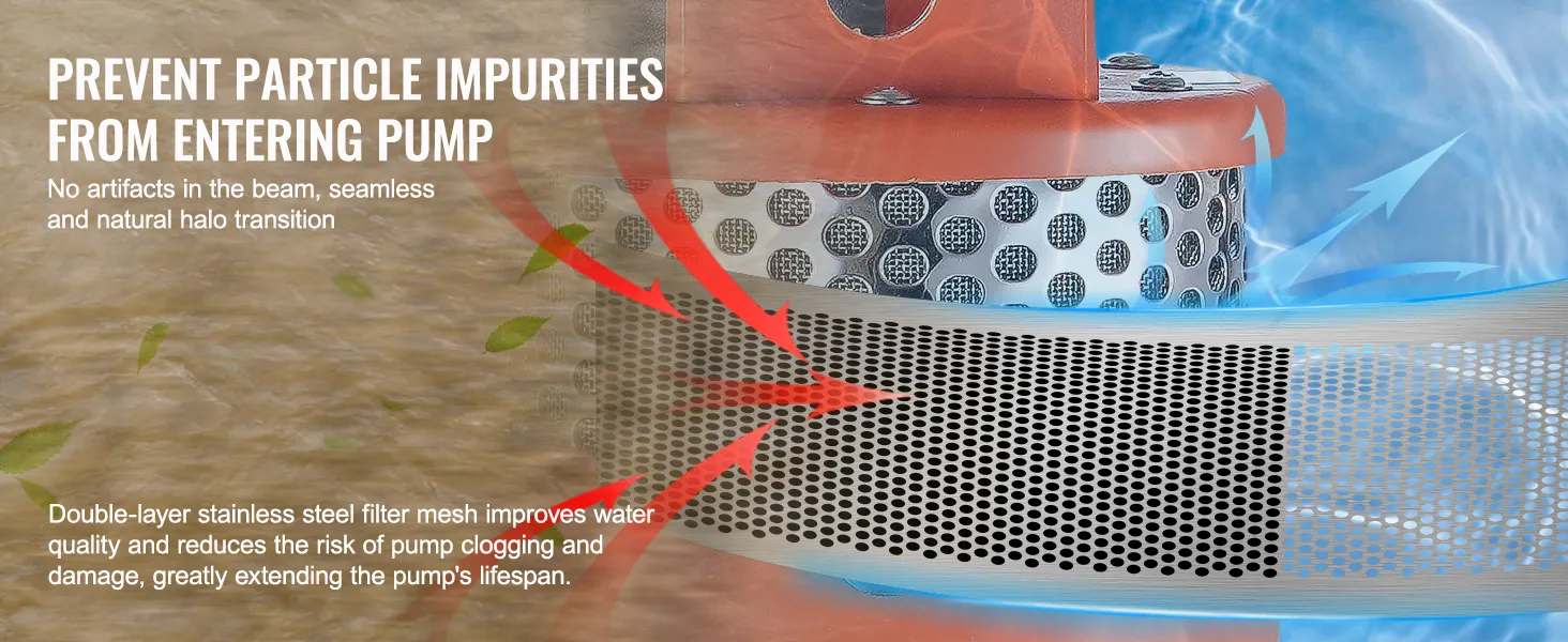 double-layer stainless steel filter mesh of VEVOR solar water pump prevents impurities and reduces clogging.