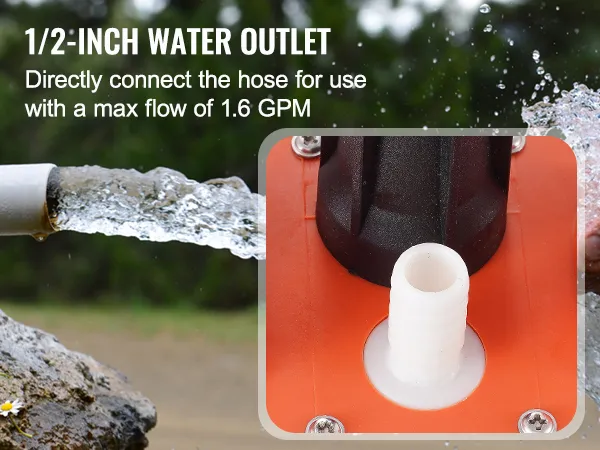 water gushing from the VEVOR solar water pump's 1/2-inch outlet, connecting a hose with 1.6 gpm flow.