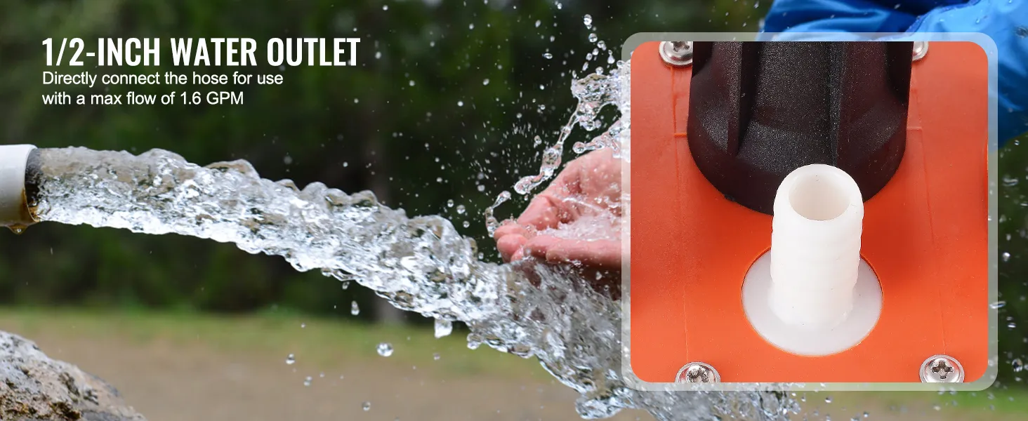 water gushing from the VEVOR solar water pump's 1/2-inch outlet, connecting a hose with 1.6 gpm flow.